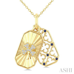 1 MM Round Sapphire and 1/20 Ctw Fluted Texture & Clover Round Cut Diamond Precious Pendant With Chain in 10K Yellow Gold
