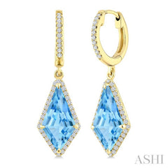 14X7 MM Kite Shape Blue Topaz and 1/3 Ctw Round Cut Diamond Semi-Precious Earrings in 14K Yellow Gold