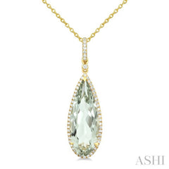 22X8 MM Pear Shape Green Amethyst and 1/4 Ctw Round Cut Diamond Semi-Precious Pendant With Chain in 14K Yellow Gold