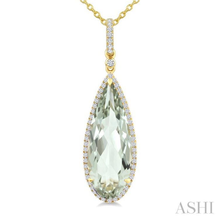 22X8 MM Pear Shape Green Amethyst and 1/4 Ctw Round Cut Diamond Semi-Precious Pendant With Chain in 14K Yellow Gold