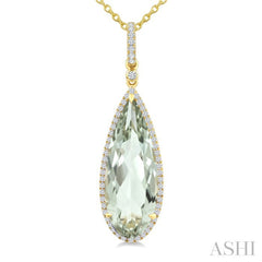 22X8 MM Pear Shape Green Amethyst and 1/4 Ctw Round Cut Diamond Semi-Precious Pendant With Chain in 14K Yellow Gold