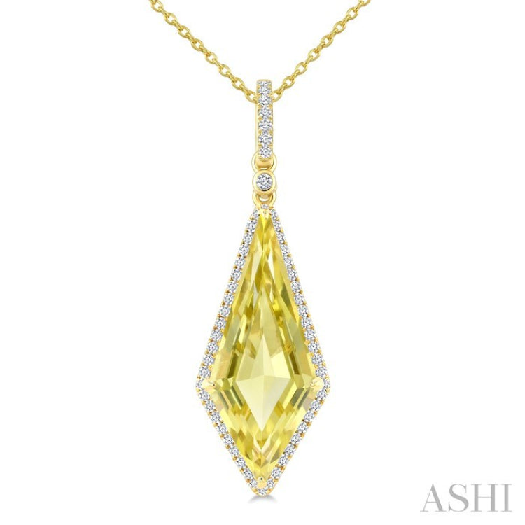 22X9 MM Kite Shape Lemon Quartz and 1/4 Ctw Round Cut Diamond Semi-Precious Pendant With Chain in 14K Yellow Gold