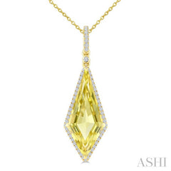 22X9 MM Kite Shape Lemon Quartz and 1/4 Ctw Round Cut Diamond Semi-Precious Pendant With Chain in 14K Yellow Gold