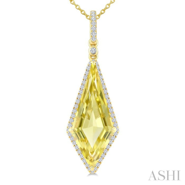 22X9 MM Kite Shape Lemon Quartz and 1/4 Ctw Round Cut Diamond Semi-Precious Pendant With Chain in 14K Yellow Gold