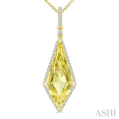 22X9 MM Kite Shape Lemon Quartz and 1/4 Ctw Round Cut Diamond Semi-Precious Pendant With Chain in 14K Yellow Gold