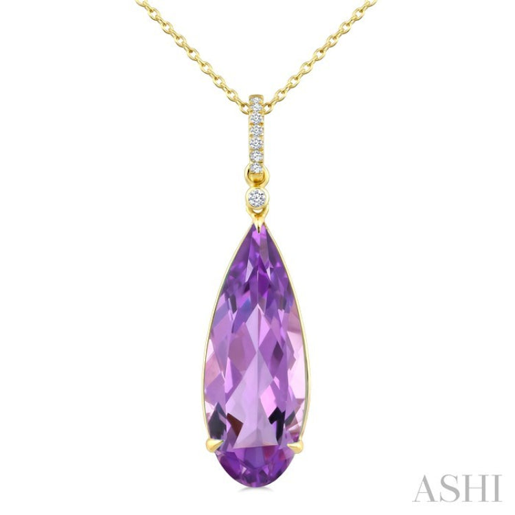 22X8 MM Pear Shape Amethyst and 1/20 Ctw Round Cut Diamond Semi-Precious Pendant With Chain in 14K Yellow Gold