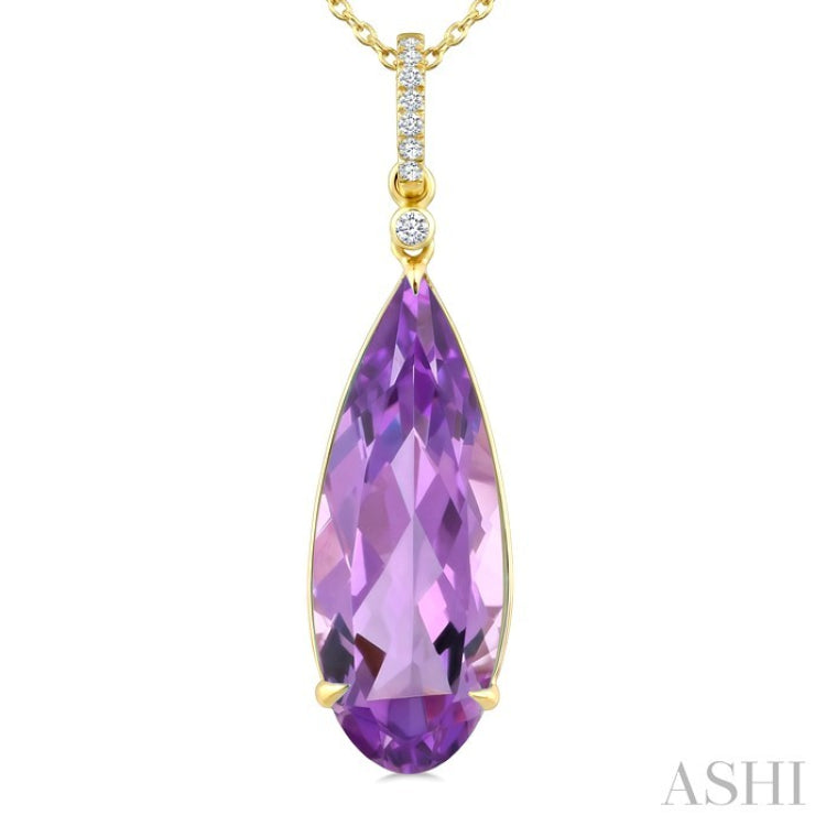 22X8 MM Pear Shape Amethyst and 1/20 Ctw Round Cut Diamond Semi-Precious Pendant With Chain in 14K Yellow Gold