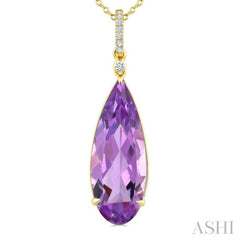 22X8 MM Pear Shape Amethyst and 1/20 Ctw Round Cut Diamond Semi-Precious Pendant With Chain in 14K Yellow Gold