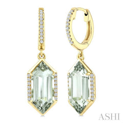 14X6 MM Hexagon Shape Green Amethyst and 1/5 Ctw Round Cut Diamond Semi-Precious Earrings in 14K Yellow Gold