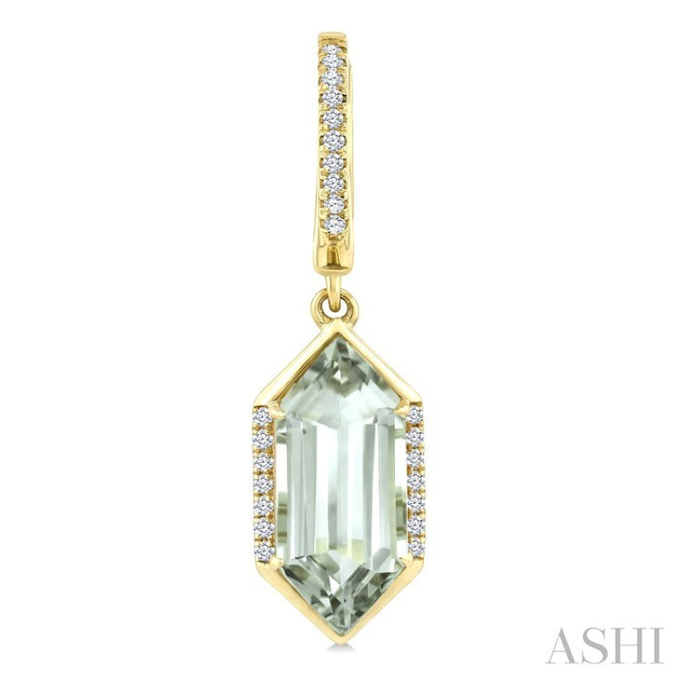 14X6 MM Hexagon Shape Green Amethyst and 1/5 Ctw Round Cut Diamond Semi-Precious Earrings in 14K Yellow Gold