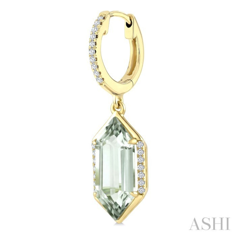 14X6 MM Hexagon Shape Green Amethyst and 1/5 Ctw Round Cut Diamond Semi-Precious Earrings in 14K Yellow Gold