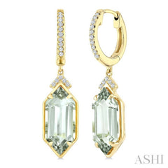 14X6 MM Hexagon Shape Green Amethyst and 1/6 Ctw Round Cut Diamond Semi-Precious Earrings in 14K Yellow Gold