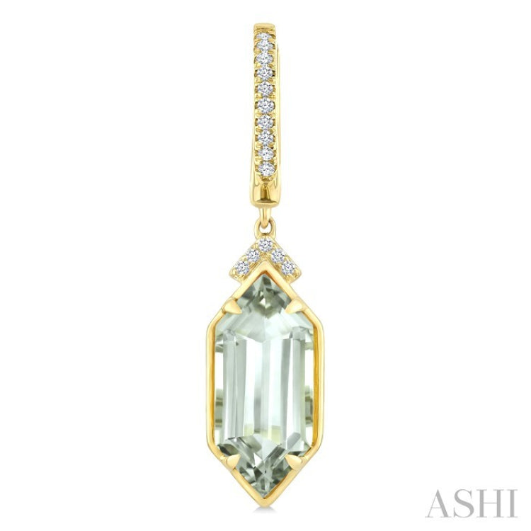 14X6 MM Hexagon Shape Green Amethyst and 1/6 Ctw Round Cut Diamond Semi-Precious Earrings in 14K Yellow Gold