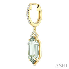 14X6 MM Hexagon Shape Green Amethyst and 1/6 Ctw Round Cut Diamond Semi-Precious Earrings in 14K Yellow Gold