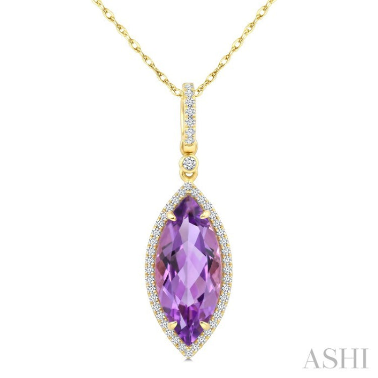 16X7 MM Marquise Shape Amethyst and 1/5 Ctw Round Cut Diamond Semi-Precious Pendant With Chain in 10K Yellow Gold