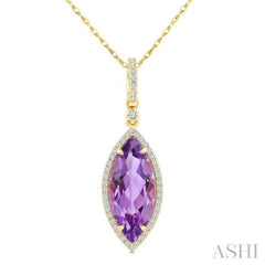 16X7 MM Marquise Shape Amethyst and 1/5 Ctw Round Cut Diamond Semi-Precious Pendant With Chain in 10K Yellow Gold
