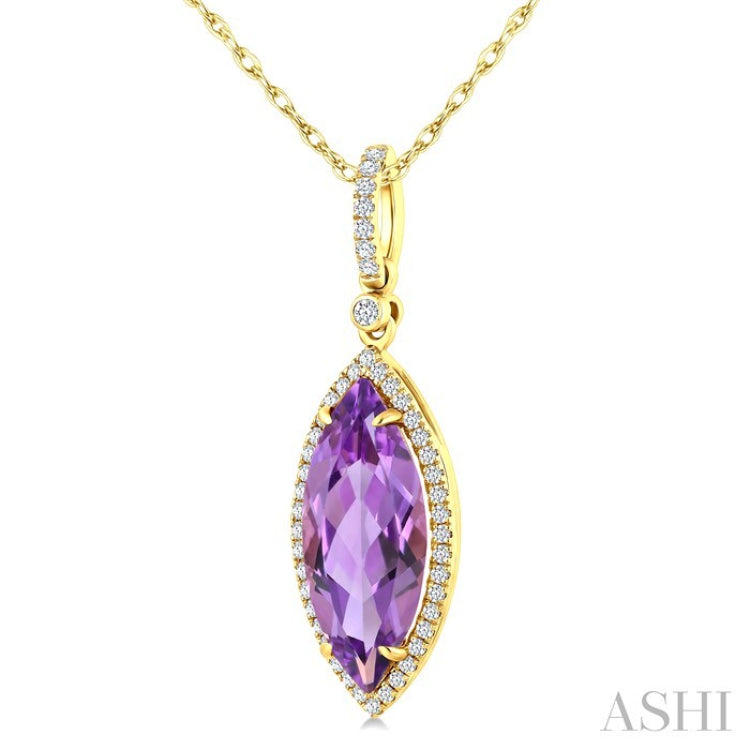 16X7 MM Marquise Shape Amethyst and 1/5 Ctw Round Cut Diamond Semi-Precious Pendant With Chain in 10K Yellow Gold