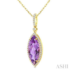 16X7 MM Marquise Shape Amethyst and 1/5 Ctw Round Cut Diamond Semi-Precious Pendant With Chain in 10K Yellow Gold