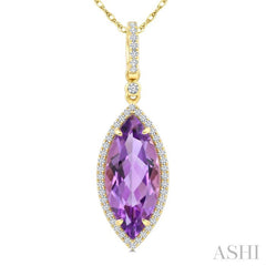16X7 MM Marquise Shape Amethyst and 1/5 Ctw Round Cut Diamond Semi-Precious Pendant With Chain in 10K Yellow Gold