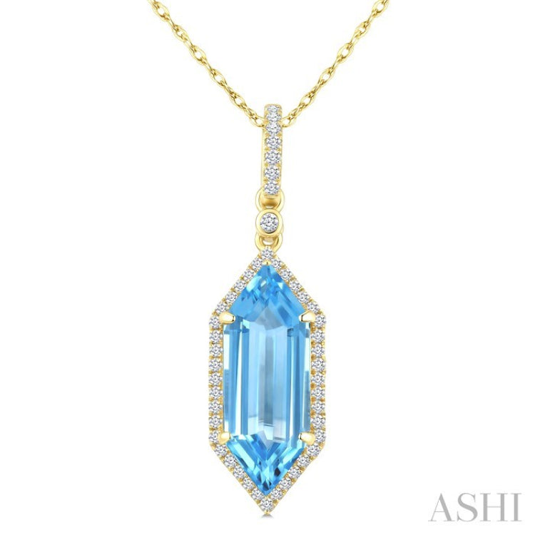 16X6 MM Hexagon Shape Blue Topaz and 1/5 Ctw Round Cut Diamond Semi-Precious Pendant With Chain in 10K Yellow Gold