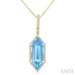16X6 MM Hexagon Shape Blue Topaz and 1/5 Ctw Round Cut Diamond Semi-Precious Pendant With Chain in 10K Yellow Gold