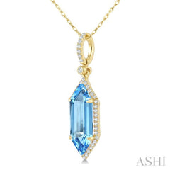 16X6 MM Hexagon Shape Blue Topaz and 1/5 Ctw Round Cut Diamond Semi-Precious Pendant With Chain in 10K Yellow Gold
