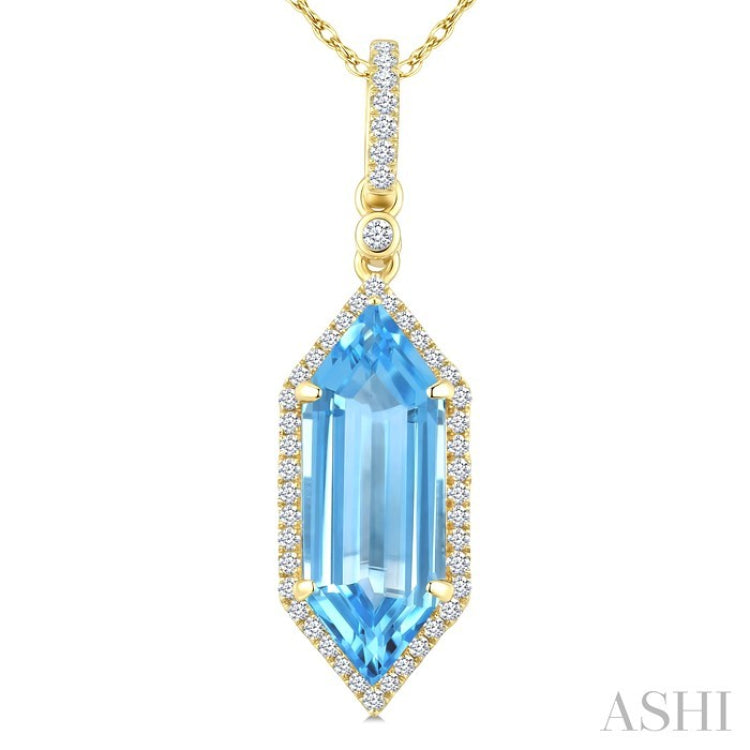 16X6 MM Hexagon Shape Blue Topaz and 1/5 Ctw Round Cut Diamond Semi-Precious Pendant With Chain in 10K Yellow Gold