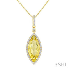 16X7 MM Marquise Shape Lemon Quartz and 1/5 Ctw Round Cut Diamond Semi-Precious Pendant With Chain in 10K Yellow Gold