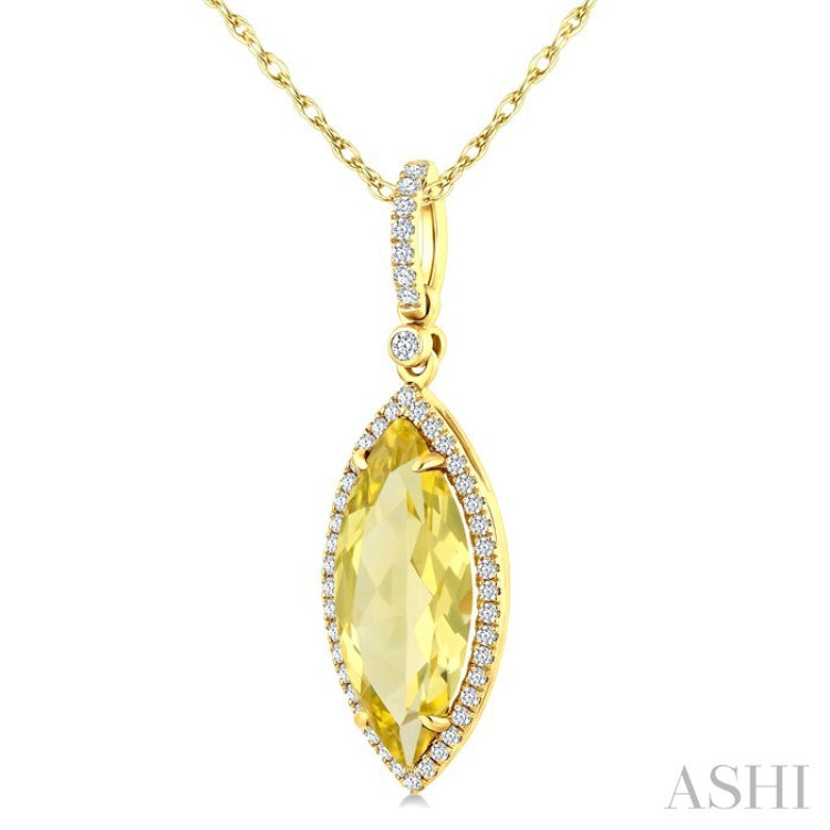 16X7 MM Marquise Shape Lemon Quartz and 1/5 Ctw Round Cut Diamond Semi-Precious Pendant With Chain in 10K Yellow Gold