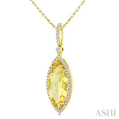 16X7 MM Marquise Shape Lemon Quartz and 1/5 Ctw Round Cut Diamond Semi-Precious Pendant With Chain in 10K Yellow Gold