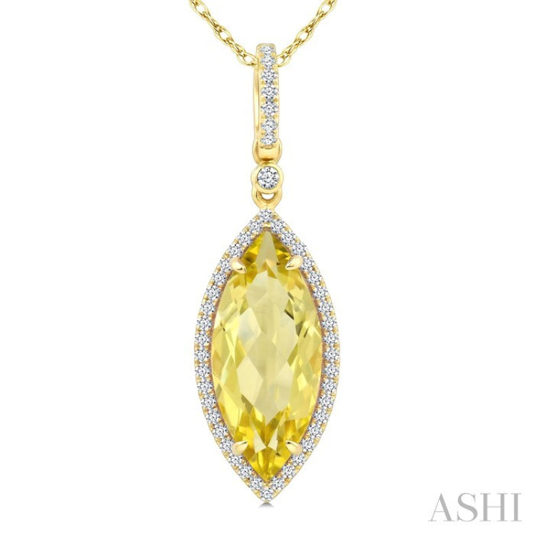 16X7 MM Marquise Shape Lemon Quartz and 1/5 Ctw Round Cut Diamond Semi-Precious Pendant With Chain in 10K Yellow Gold