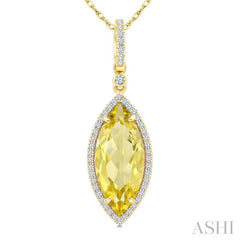 16X7 MM Marquise Shape Lemon Quartz and 1/5 Ctw Round Cut Diamond Semi-Precious Pendant With Chain in 10K Yellow Gold