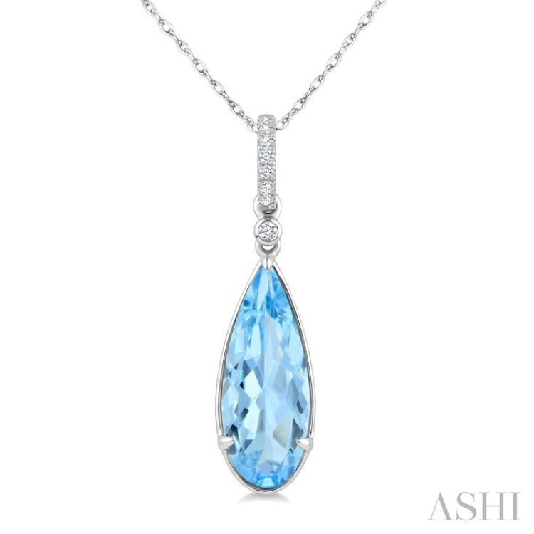 16X6 MM Pear Shape Blue Topaz and 1/20 Ctw Round Cut Diamond Semi-Precious Pendant With Chain in 10K White Gold