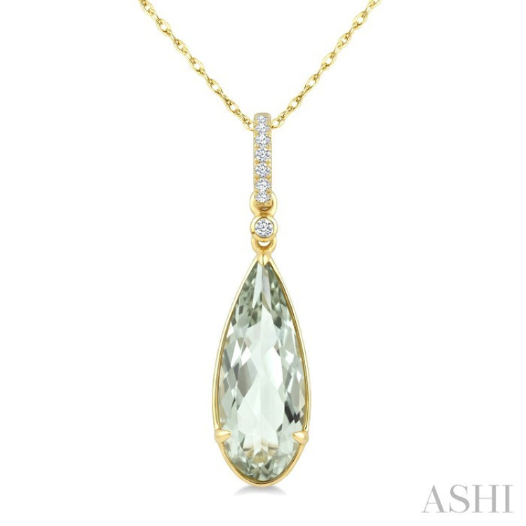 16X6 MM Pear Shape Green Amethyst and 1/20 Ctw Round Cut Diamond Semi-Precious Pendant With Chain in 10K Yellow Gold