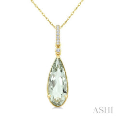 16X6 MM Pear Shape Green Amethyst and 1/20 Ctw Round Cut Diamond Semi-Precious Pendant With Chain in 10K Yellow Gold