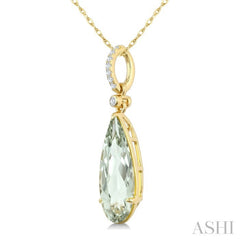 16X6 MM Pear Shape Green Amethyst and 1/20 Ctw Round Cut Diamond Semi-Precious Pendant With Chain in 10K Yellow Gold