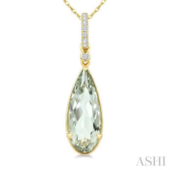 16X6 MM Pear Shape Green Amethyst and 1/20 Ctw Round Cut Diamond Semi-Precious Pendant With Chain in 10K Yellow Gold