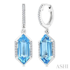 12X5 MM Hexagon Shape Blue Topaz and 1/5 Ctw Round Cut Diamond Semi-Precious Earrings in 10K White Gold