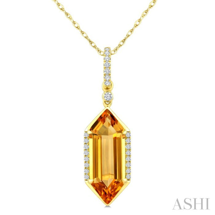 16X6 MM Hexagon Shape Citrine and 1/10 Ctw Round Cut Diamond Semi-Precious Pendant With Chain in 10K Yellow Gold