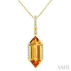 16X6 MM Hexagon Shape Citrine and 1/10 Ctw Round Cut Diamond Semi-Precious Pendant With Chain in 10K Yellow Gold
