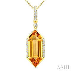 16X6 MM Hexagon Shape Citrine and 1/10 Ctw Round Cut Diamond Semi-Precious Pendant With Chain in 10K Yellow Gold