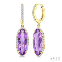 16X6 MM Oval Shape Amethyst and 3/8 Ctw Round Cut Diamond Semi-Precious Earrings in 14K Yellow Gold