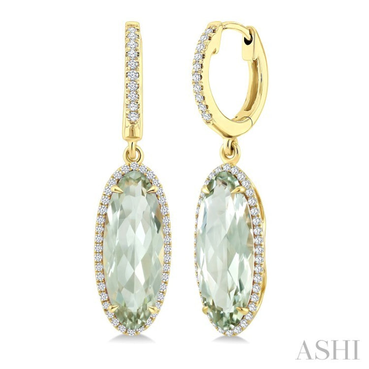 16X6 MM Oval Shape Green Amethyst and 3/8 Ctw Round Cut Diamond Semi-Precious Earrings in 14K Yellow Gold