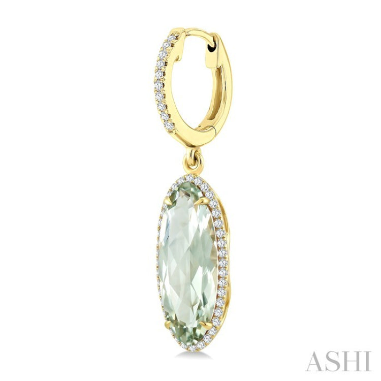 16X6 MM Oval Shape Green Amethyst and 3/8 Ctw Round Cut Diamond Semi-Precious Earrings in 14K Yellow Gold