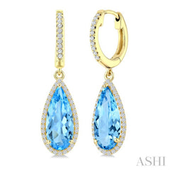 14X6 MM Pear Shape Blue Topaz and 1/3 Ctw Round Cut Diamond Semi-Precious Earrings in 14K Yellow Gold