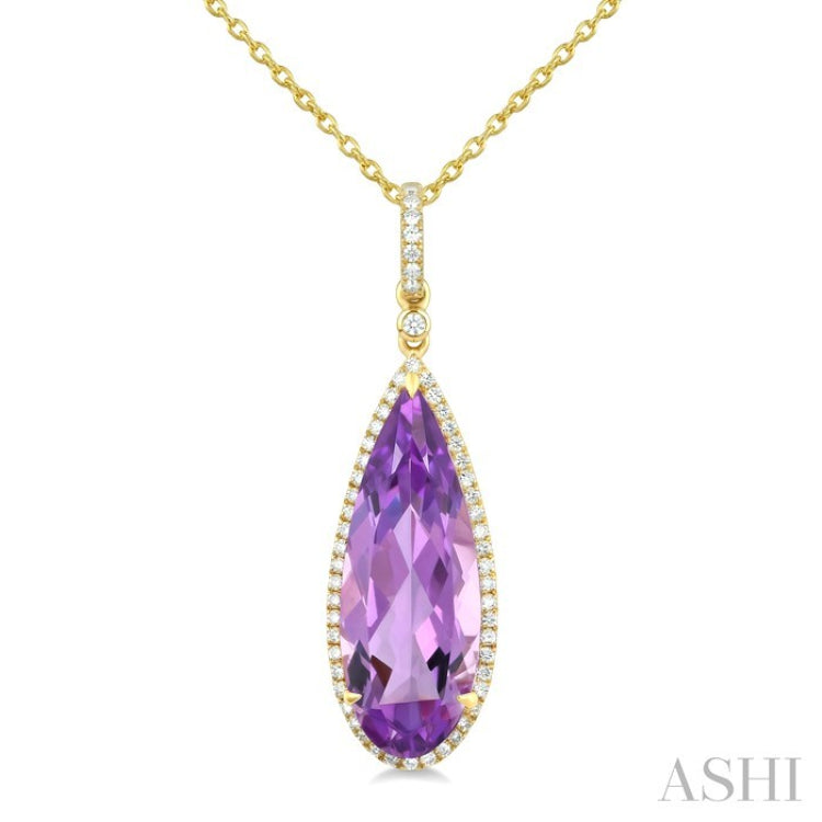 22X8 MM Pear Shape Amethyst and 1/4 Ctw Round Cut Diamond Semi-Precious Pendant With Chain in 14K Yellow Gold