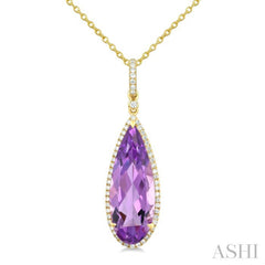 22X8 MM Pear Shape Amethyst and 1/4 Ctw Round Cut Diamond Semi-Precious Pendant With Chain in 14K Yellow Gold