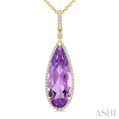 22X8 MM Pear Shape Amethyst and 1/4 Ctw Round Cut Diamond Semi-Precious Pendant With Chain in 14K Yellow Gold