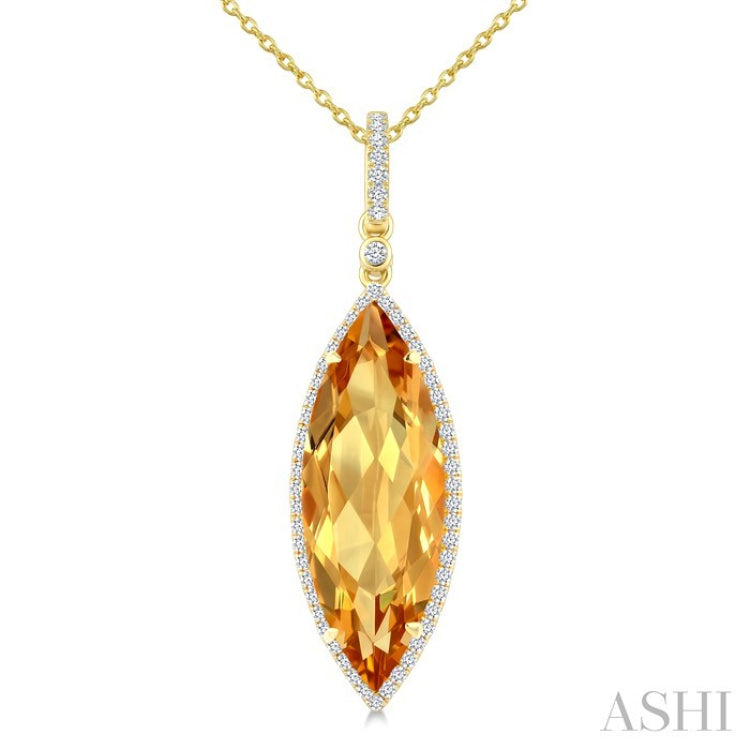 22X8 MM Marquise Shape Citrine and 1/4 Ctw Round Cut Diamond Semi-Precious Pendant With Chain in 14K Yellow Gold