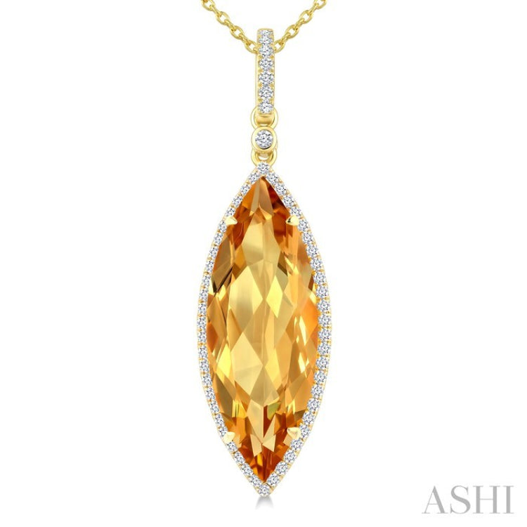 22X8 MM Marquise Shape Citrine and 1/4 Ctw Round Cut Diamond Semi-Precious Pendant With Chain in 14K Yellow Gold